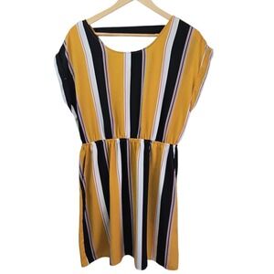 Pink Rose Vintage Striped Dress W/Pockets Women's Size L Yellow Black White Red